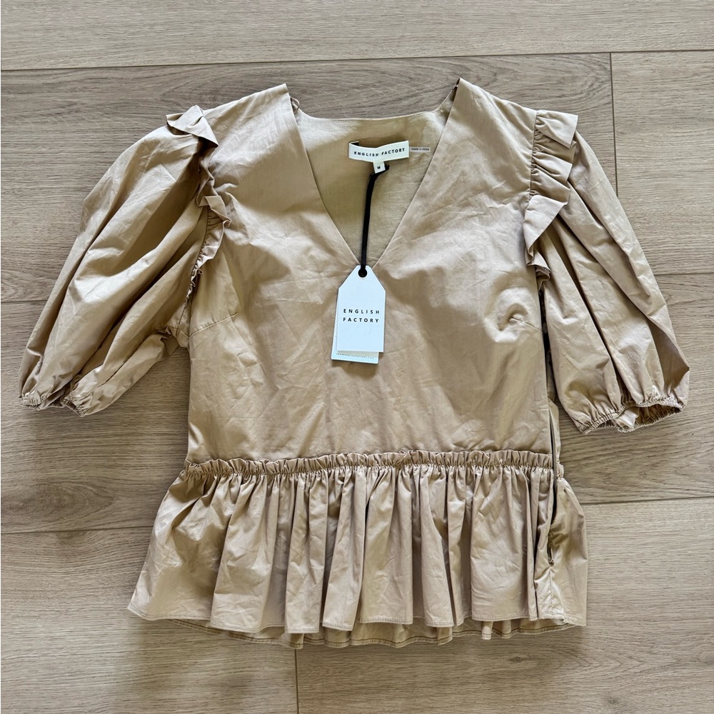 English Factory Tan Ruffle Sleeve Peplum Top